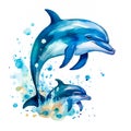 watercolor illustration of two cute dolphins generative AI