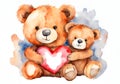 Watercolor illustration of two cute teddy bears in love with big red heart. Royalty Free Stock Photo