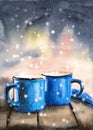 Watercolor illustration of two enameled metal blue mugs