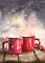 Watercolor illustration of two enameled metal red mugs on a wooden table