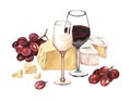 Watercolor illustration of the two glass of red wine, grape and parmesan cheese. Picture of an alcoholic drink isolated Royalty Free Stock Photo
