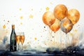 Watercolor illustration of two glasses of champagne and balloons on watercolor background Royalty Free Stock Photo