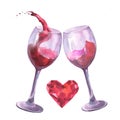 Watercolor illustration two glasses with red wine splash with heart diamond crystal in pink colored gemstone, isolated Royalty Free Stock Photo