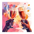 Watercolor illustration of two glasses of wine. Champagne Festival. AI generated