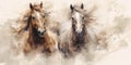 Watercolor illustration of two horses on white background with black streak on a beige-colored background Royalty Free Stock Photo