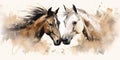 Watercolor illustration of two horses on white background with black streak on a beige-colored background