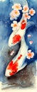 Watercolor illustration of two koi fish with red spots in blue water Royalty Free Stock Photo