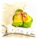 Watercolor illustration of two lovebirds in love