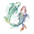 Watercolor illustration of two mint koi fish on white background, Generate Ai Royalty Free Stock Photo