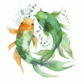 Watercolor illustration of two mint koi fish on white background, Generate Ai Royalty Free Stock Photo