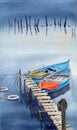 Watercolor illustration of two old colorful wooden fishing boats