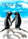 Watercolor illustration of two penguins