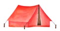 Watercolor illustration of two-person Camping Tent in red color on white background.