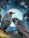 Watercolor illustration of two ravens under a bright moon Royalty Free Stock Photo