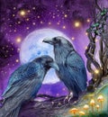 Watercolor illustration of two ravens under a bright moon Royalty Free Stock Photo