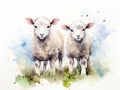 Watercolor illustration of two sheeps standing on the meadow. Generative AI Royalty Free Stock Photo