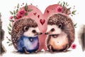 Two adorable hedgehogs with love hearts, romance concept