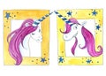 Unicorns with pink mane in yellow decorated photo frames Royalty Free Stock Photo