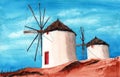 Watercolor illustration of two white windmills
