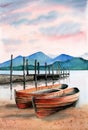 Watercolor illustration of two wooden fishing boats near a pier Royalty Free Stock Photo
