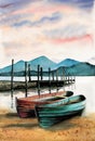 Watercolor illustration of two wooden fishing boats near a pier Royalty Free Stock Photo