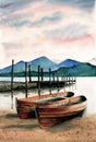 Watercolor illustration of two wooden fishing boats near a pier Royalty Free Stock Photo