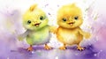 Watercolor illustration of two yellow and green happy cartoon chicks on background of pastel paint splashes and stains Royalty Free Stock Photo