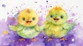 Watercolor illustration of two yellow and green happy cartoon chicks on background of pastel paint splashes and stains Royalty Free Stock Photo