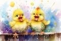 Watercolor illustration of two yellow happy cartoon chicks on the background of pastel paint splashes and stains. Funny Royalty Free Stock Photo