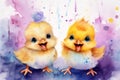 Watercolor illustration of two yellow happy smiling cartoon chicks on the background of pastel paint splashes and stains Royalty Free Stock Photo