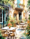 Watercolor illustration of a typical facade of a European street cafe.