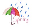 Watercolor illustration of umbrella, raindrops and lettering Spring isolated on white background