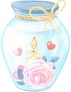 Watercolor illustration for Valentine`s day.A composition of a candle, a pink rose and hearts