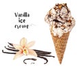 Watercolor illustration of vanilla ice cream dessert close up. Design template for packaging, menu, postcards.