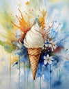A watercolor illustration of a vanilla soft serve ice cream cone with flowers against a colorful splattered background