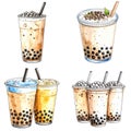 Watercolor Illustration of Various Bubble Tea Drinks Royalty Free Stock Photo