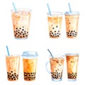 Watercolor Illustration of Various Bubble Tea Drinks Royalty Free Stock Photo