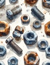 Watercolor illustration of various rusty nuts and bolts scattered on a textured surface Royalty Free Stock Photo