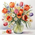 Watercolor illustration of a vibrant bouquet with tulips and other flowers in a glass vase