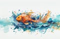 Watercolor illustration of a vibrant goldfish swimming in water with splashes of watercolor paint