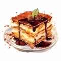 Watercolor Illustration Of Vienna Tiramisu With Chocolate Glaze