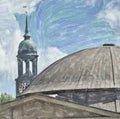 View over the vaulted roof of a historic building in the harbour