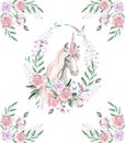 Watercolor illustration. Vignette with magic unicorn in flowers.