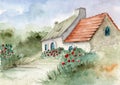 Watercolor illustration of a village cottage among the green trees