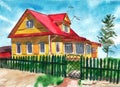 Watercolor illustration of a village house. A hand-drawn picture in bright, positive colors. Royalty Free Stock Photo