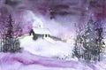 Watercolor illustration of a village house in a Russian winter forest at night Royalty Free Stock Photo