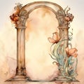 Watercolor illustration of a vintage arch with flowers on a watercolor background