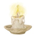 Watercolor illustration of a vintage burning wax candle on a stand. Isolated on white background.