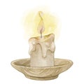 Watercolor illustration of a vintage burning wax candle on a stand. Isolated on white background.