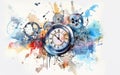 Watercolor illustration of a vintage clock face and gears with colorful splashes of watercolor paint Royalty Free Stock Photo